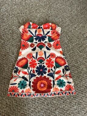 Floral Print Strapless Dress - Cream with Red, Teal & Navy Flowers